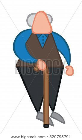 Vector Illustration Old Man Standing With Walking Stick. Hand Drawn. Colored Outlines.