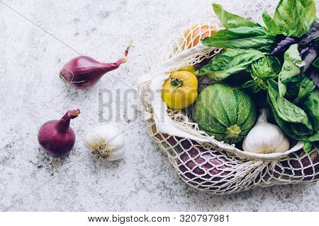 Zero Waste Cconcept. Package-free Food Shopping. Eco Friendly Natural Bag With Organic Fruits And Ve