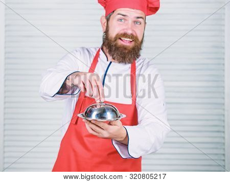 Haute Cuisine Characterized Meticulous Preparation And Careful Presentation Meal. Man Hat And Apron 