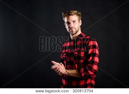 Meaning Of Modern Manliness. Barbershop And Beauty Salon. Hipster Black Background. Exhibit Masculin
