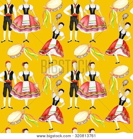 Seamless Pattern Dancers In National Costume An Italian Tarantella With A Tambourine On Yellow Backg