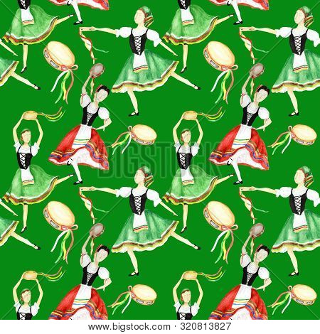 Seamless Pattern Dancers In National Costume An Italian Tarantella With A Tambourine On Green Backgr