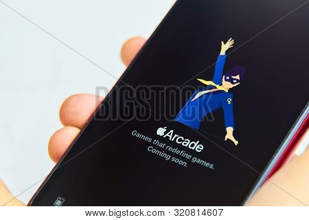 Bishkek, Kyrgyzstan - June 05, 2019: New Apple Arcade Seen On Modern Iphone Featuring The New Subscr