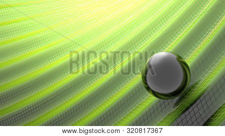 Black Glossy Sphere Over A Green Waving Sufrace - 3d Rendering Illustration