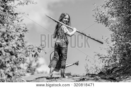 Girl Child Hold Shovel Watering Can. Spring Gardening Checklist. Little Helper. Watering Tools That 