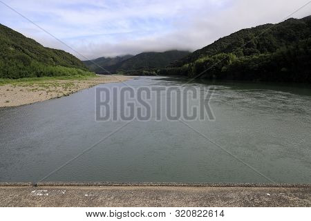 Shimanto River, View From Takase Bridge In Kochi, Japan