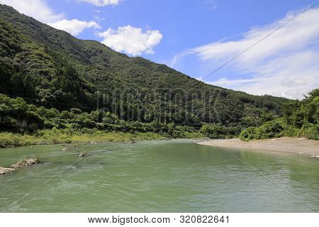 Shimanto River, View From Nagaoi Low Water Bridge In Kochi, Japan