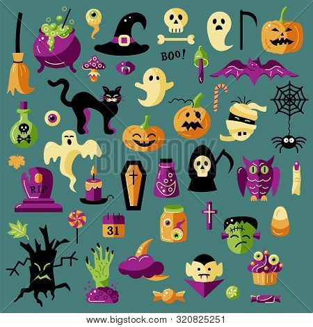 Halloween Celebratory Subjects Isolated On Background. Flat Style Vector Illustration Set. Great For