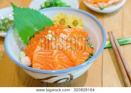 Salmon Sashimi With Salmon's Egg (ikura) In Bowl.