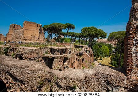 Rome, Italy - April, 2018: Tourists Visiting The Ruins Of The Palace Of Septimius Severus Or Domus S
