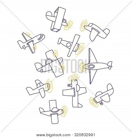 Bright Banner Set Hand Drawn Plane, Cartoon. Simple Childrens Propeller Airplanes Flying In Differen