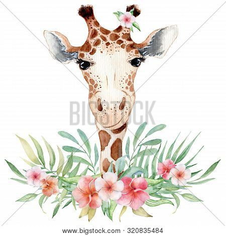 Cute Watercolor Geraffe With Tropical Flowers Card Hand Drawn Illustration