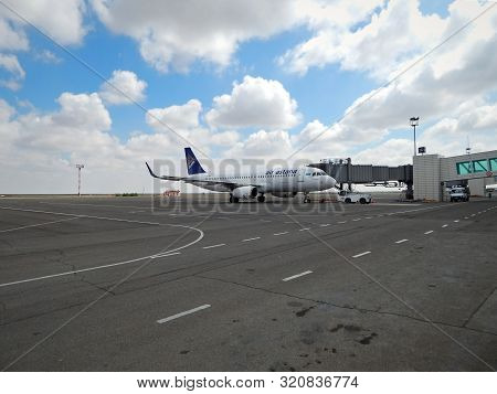 Aktau, Kazakhstan - May 16, 2019. Aircraft Company Air Astana In Aktau International Airport.