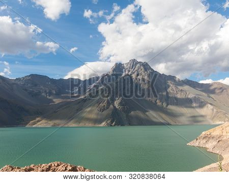 Mountains And Peaks Landscape. Lake Of Yeso. Cajon Del Maipo. Santiago Of Chile