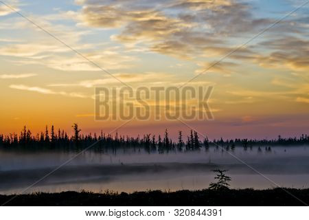 Early Morning Foggy Landscape Before Dawn In The Tundra In Northern Russia