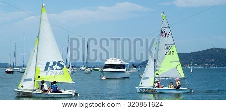 Gosford, Australia - September 27, 2012: Children Sailing Under Supervision On Gosford Broad Water. 