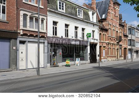 Sint Gillis Waas, Belgium, 30 June 2019. Typical French Fries Or Belgian Chip Shop In A Village Wher