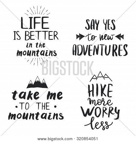 Set Of Quotes Related To Travel In Mountains, Camping And Hiking