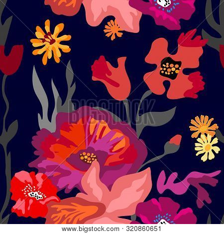 Seamless Vector Pattern With Colorful Floral Elements. Retro Textile Collection.