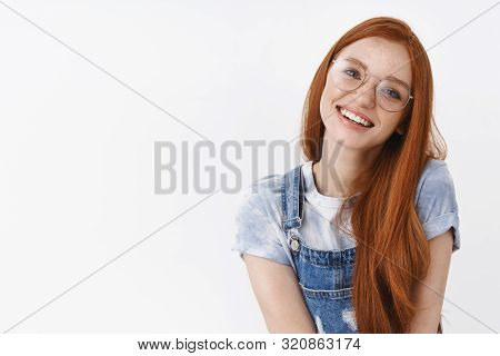 Waist-up Lovely Silly Redhead European Girl With Blue Eyes Freckles Posing Flirty Sighing, Look Admi