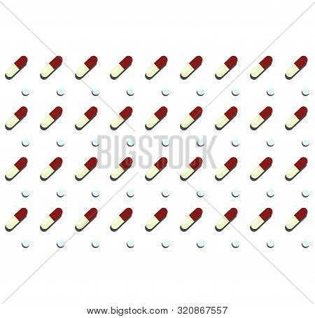 Capsule Pills Pattern On A White Background. Medical Background. Tablets And Pills Vector Set Isolat