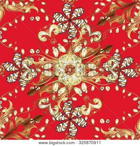 Seamless Oriental Ornament In The Style Of Baroque. Traditional Classic Golden Vector Pattern On Red