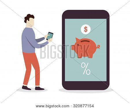 Mobile Banking Concept. Man Standind Near Big Smatphone