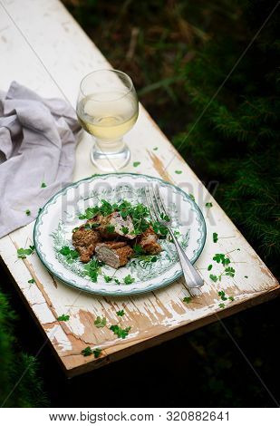 Veal Saltimbocca With Sorrel..selective Focus. Style Rustic