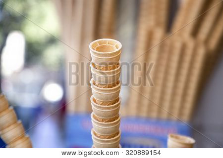 Empty Crispy Ice Cream Cones On The Street Shop. Turkish Ice Cream Dondurma.