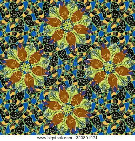 Vector - Stock. Seamless Pattern With Green, Black And Brown Flowers, Watercolor Floral Pattern, Cut