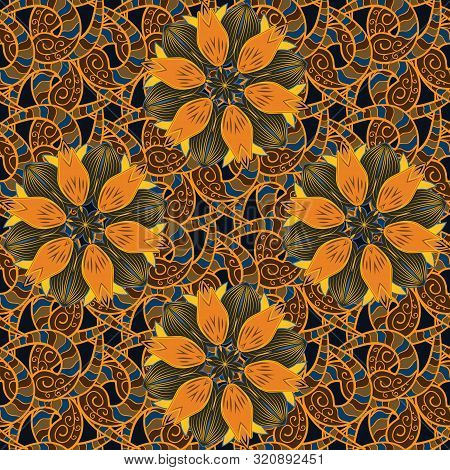 Flower Seamless On Orange, Brown And Gray Colors. Flowers On Orange, Brown And Gray Colors. Vector I