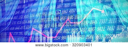 Stocks and shares against three escalators side by side and suitcase in the office