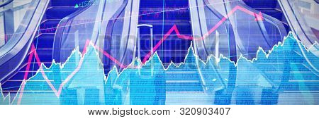 Stocks and shares against three escalators side by side and suitcase in the office