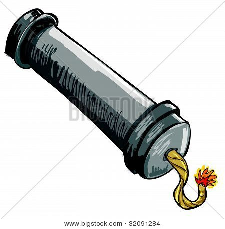 Cartoon pipe bomb con fusibile illuminato. Isolated on white