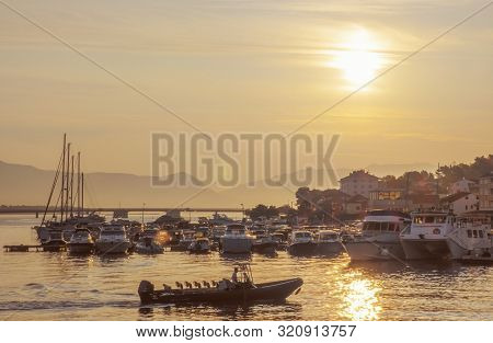 Port On Ciovo Island, Mediterranean Sea, Croatia. Sunrise Time. Summer Vacation.