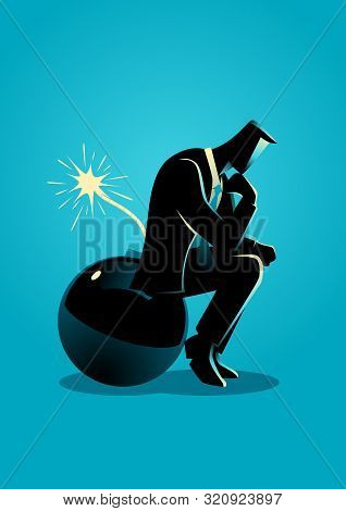 Business Concept Illustration Of A Businessman Sitting On A Bomb While Thinking