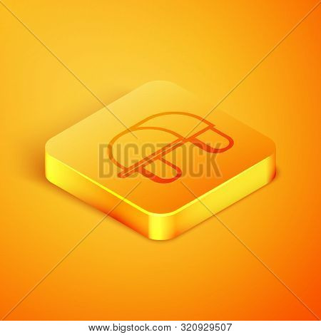 Isometric Line Hunter Hat Icon Isolated On Orange Background. Plaid Winter Hat. Orange Square Button