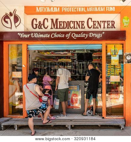 Balabag, Boracay Island, Philippines - March 4, 2019: Dmall De Boracay. Entrance Facade Of G&c Medic