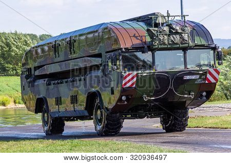 Minden / Germany - September 4, 2019: German Tank Pioneer Battalion Trained A Tank Crossing Over A R