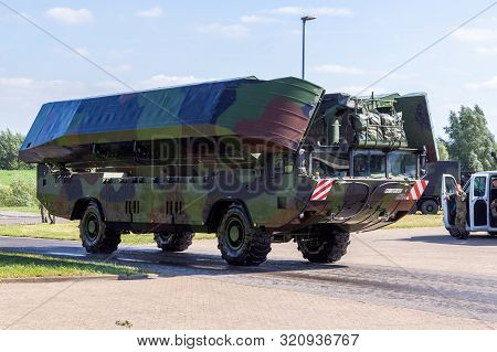 Minden / Germany - September 4, 2019: German Tank Pioneer Battalion Trained A Tank Crossing Over A R