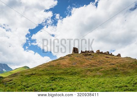 Truso Valley And Gorge  Landscape With Zakagori Fortress On Trekking / Hiking Route, In Kazbegi, Geo