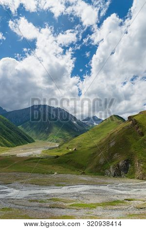 Truso Valley And Gorge Area Landscape On Trekking / Hiking Route, In Kazbegi, Georgia. Truso Valley 