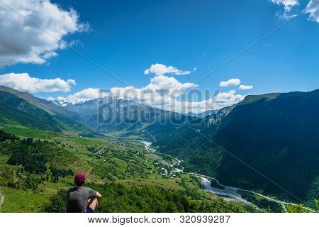 Svaneti Mountain And Village Landscape At The Trekking And Hiking Route Near Mestia Village In Svane