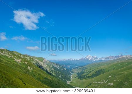 Svaneti Landscape With Glacier And Snow-capped Mountain In The Back Near Mestia Village In Svaneti R