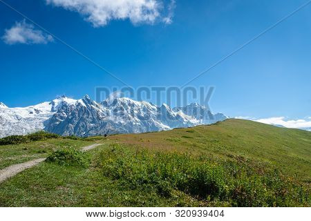 Svaneti Landscape With Glacier And Snow-capped Mountain In The Back Near Mestia Village In Svaneti R