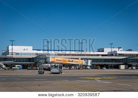 Berlin, Germany - July 2019: Berlin Schonefeld Airport Architecture And Its Runaway. Schönefeld Airp