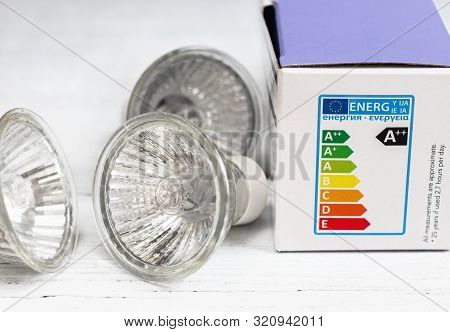 Energy Efficient Light Bulbs, With European Energy Rating Chart. Energy And Cost Saving Concept