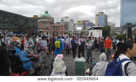 Seoul, South Korea; September 7, 2019: Large Crowd Of People At Seoul Station Plaza For Protest Demo