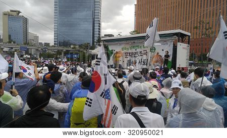Seoul, South Korea; September 7, 2019: Large Crowd Of People At Seoul Station Plaza For Protest Demo
