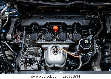 Novosibirsk, Russia - August 24, 2019:  Honda Civic, Close Up Detail Of  Car Engine, Front View. Int